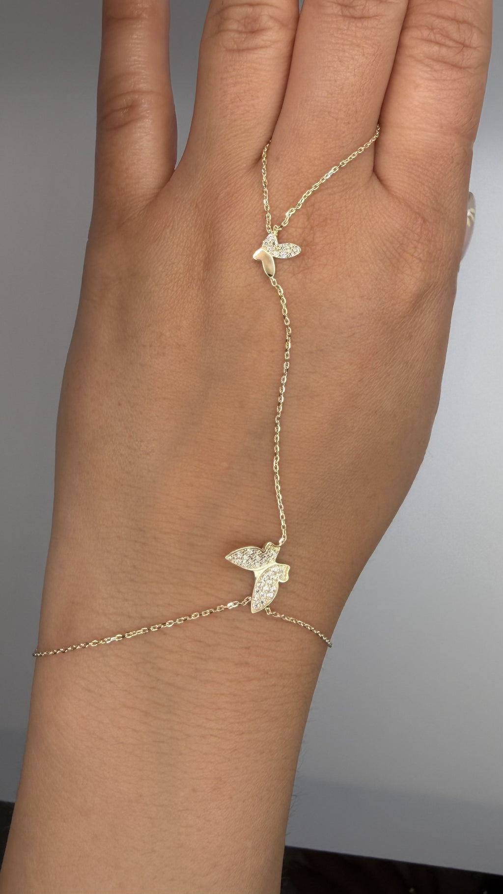 14K Solid Gold Butterfly Hand Chain Bracelet