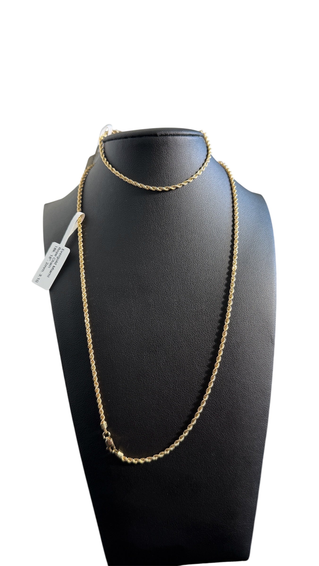18K Solid Gold Rope Chain & Bracelet Set | 18” + 7” | 2mm | Evergold Miami