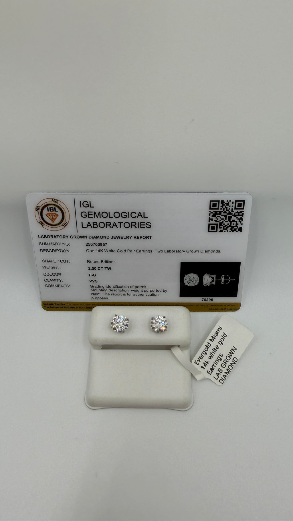 14K White Gold Lab Diamond Stud Earrings — 2ct VVS | IGL Certified