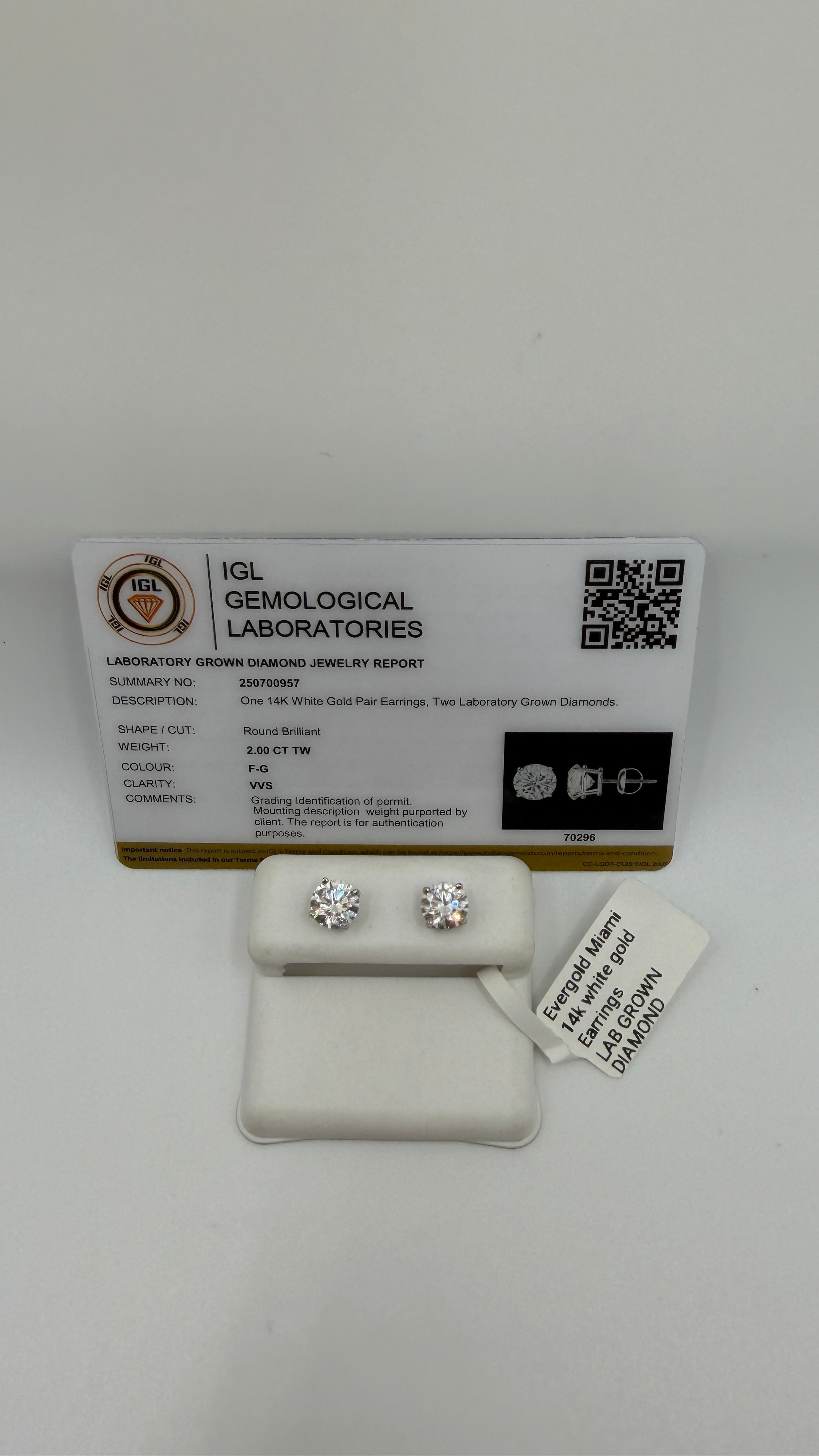 14K White Gold Lab Diamond Stud Earrings — 2ct VVS | IGL Certified