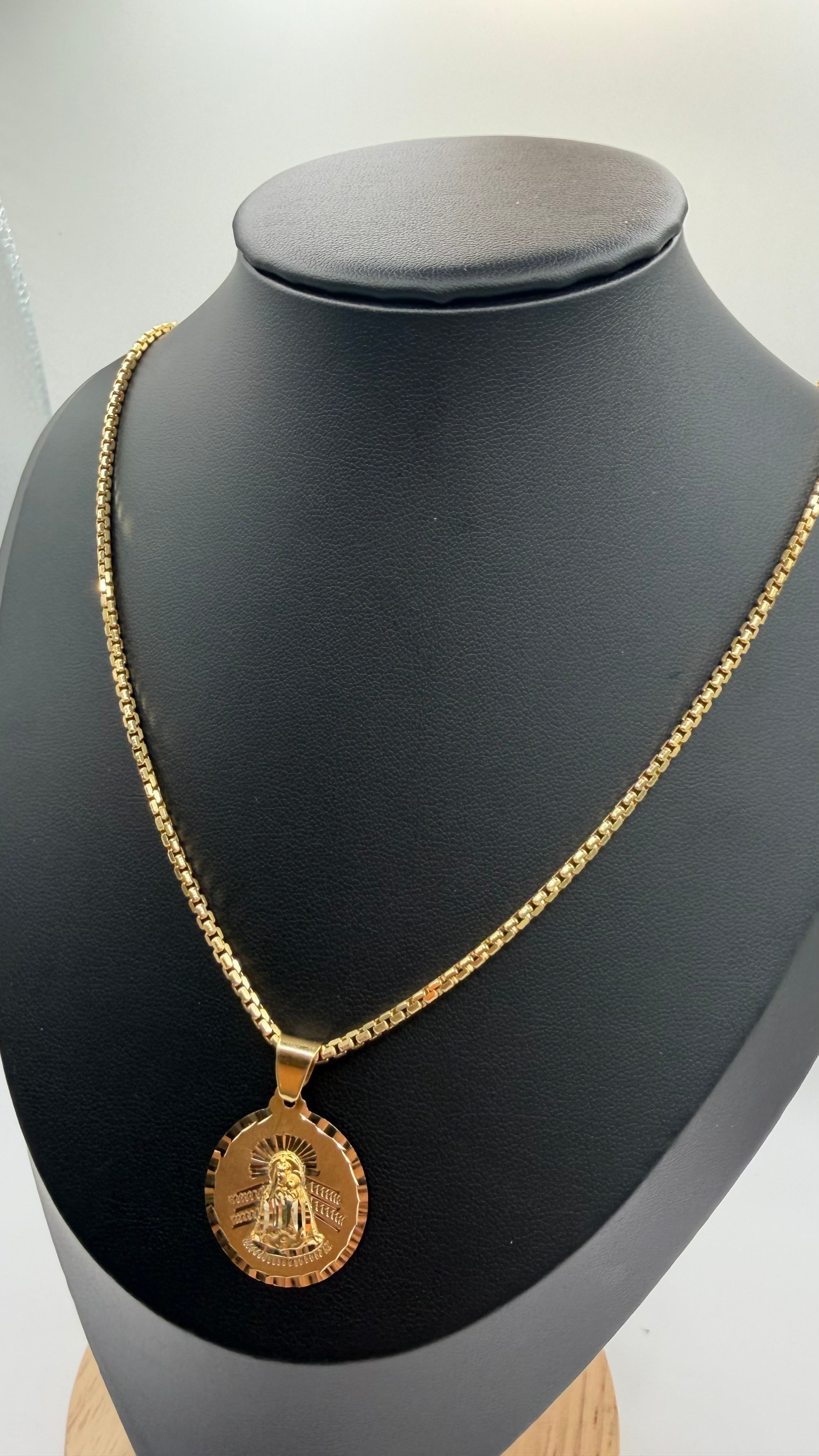 14K Box Chain + Virgin Mary Pendant Set