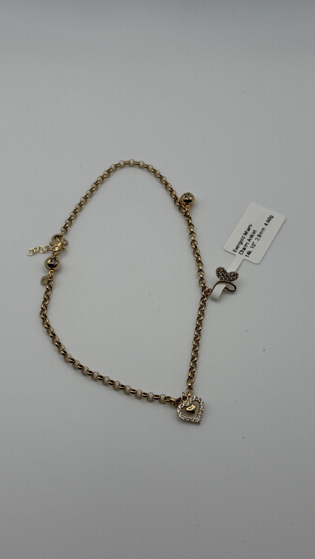 14K Solid Gold Charm Anklet — Heart & Ball Stations, 10”