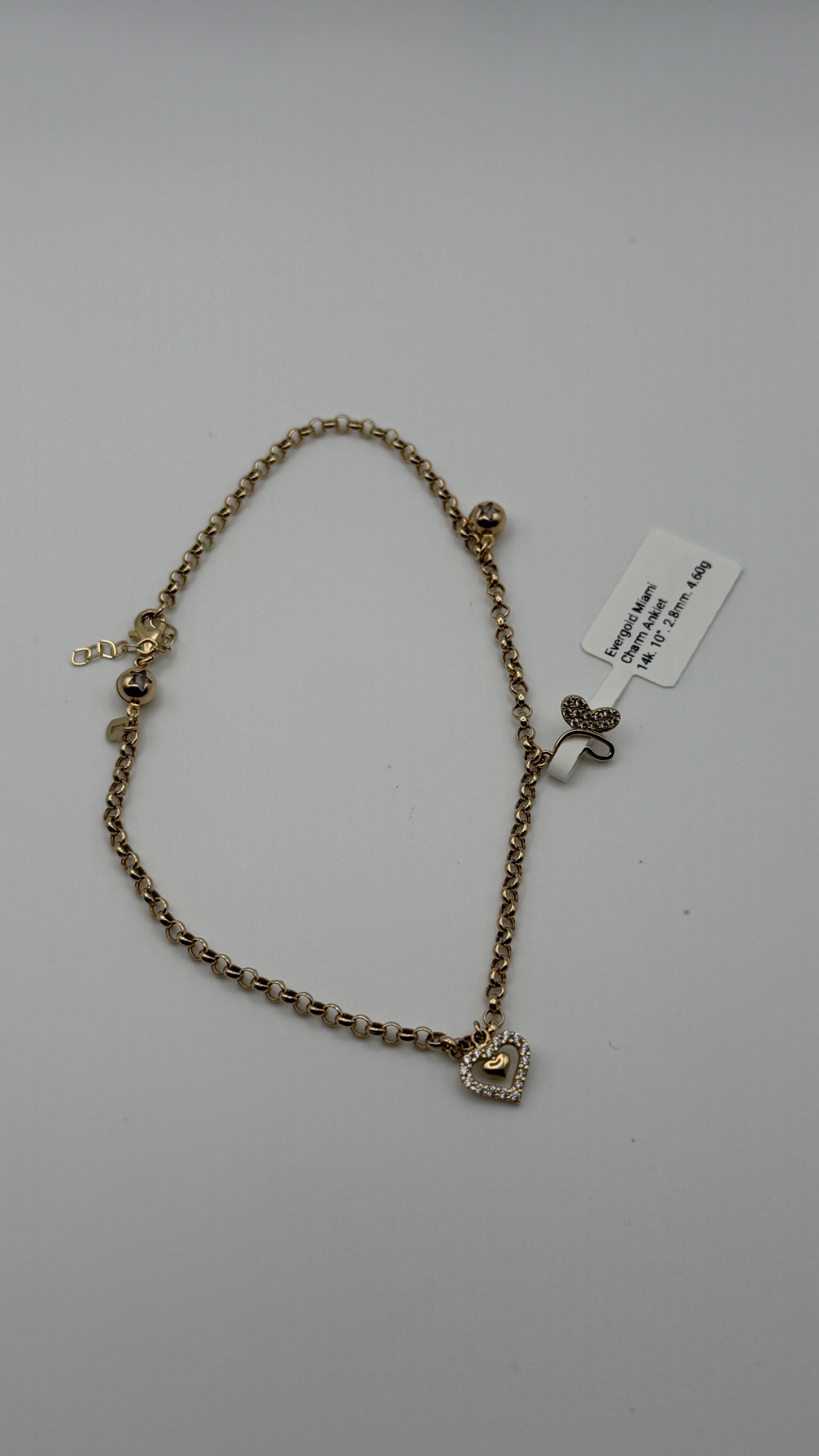 14K Solid Gold Charm Anklet — Heart & Ball Stations, 10”