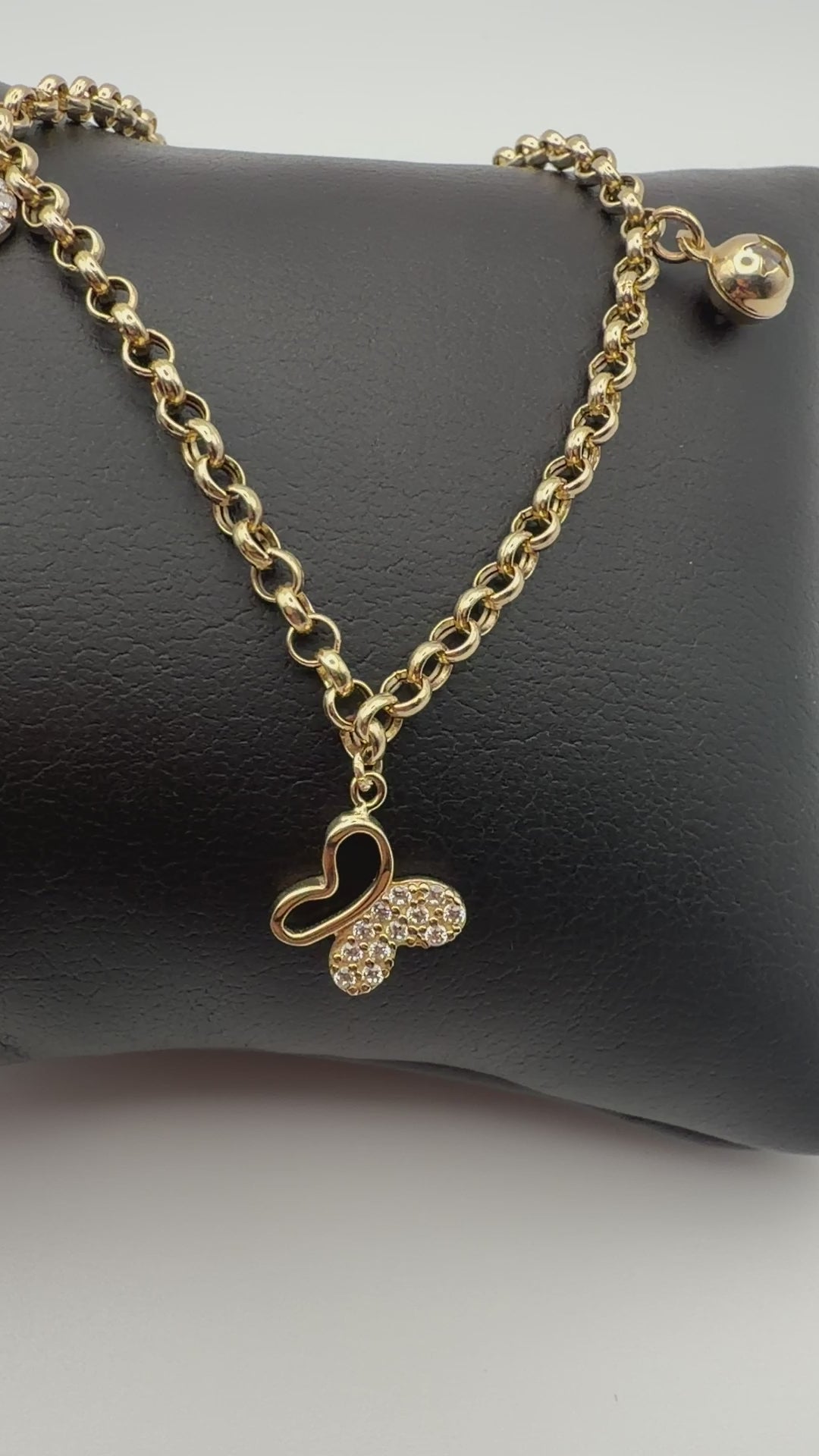 14K Solid Gold Charm Anklet — Heart & Ball Stations, 10”